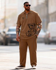 Big & Tall Men's Graffiti Bear Print Zipper Polo Short Sleeve Pants Set