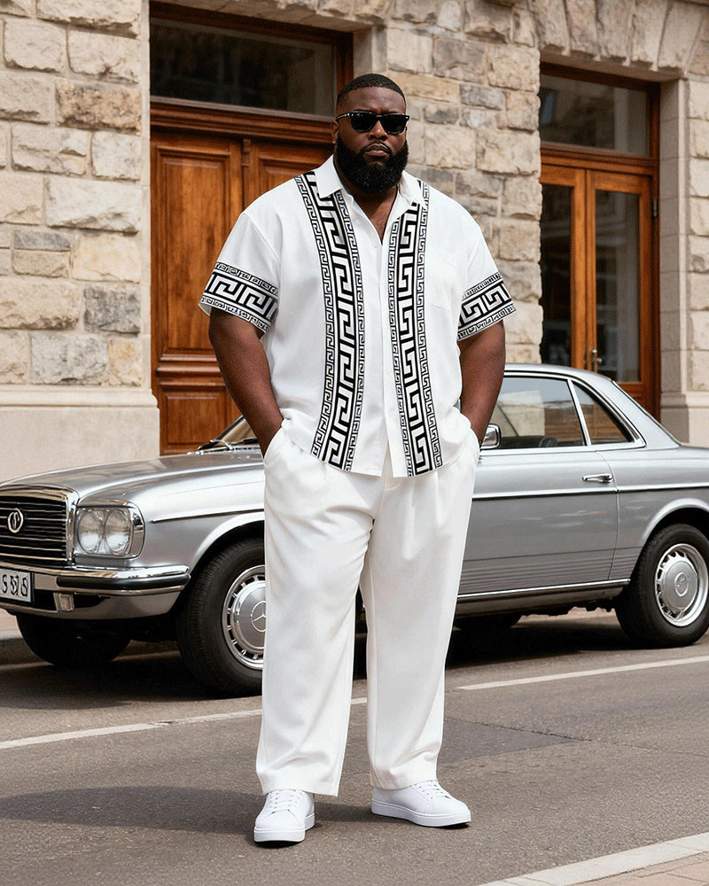 Big & Tall Men's Retro Court Style Printed Short Sleeve Shirt Trousers Set