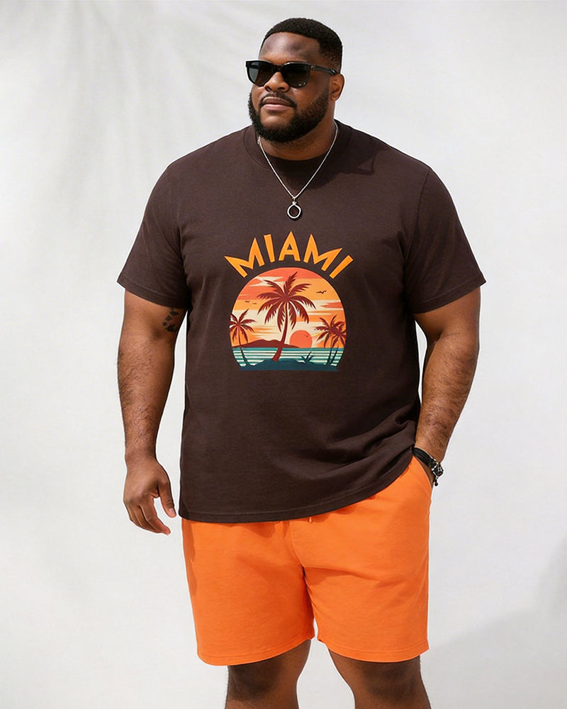 Big & Tall Men's MIAMI Coconut Tree Sunset Print Round Neck Short Sleeve T-Shirt Shorts Set