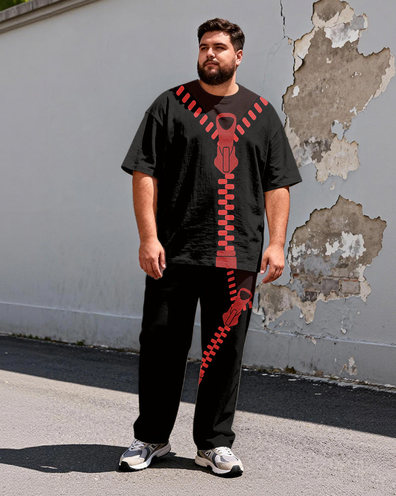 Big & Tall Men's Dark Red Chain Trendy Cool Printed T-Shirt Pants Set