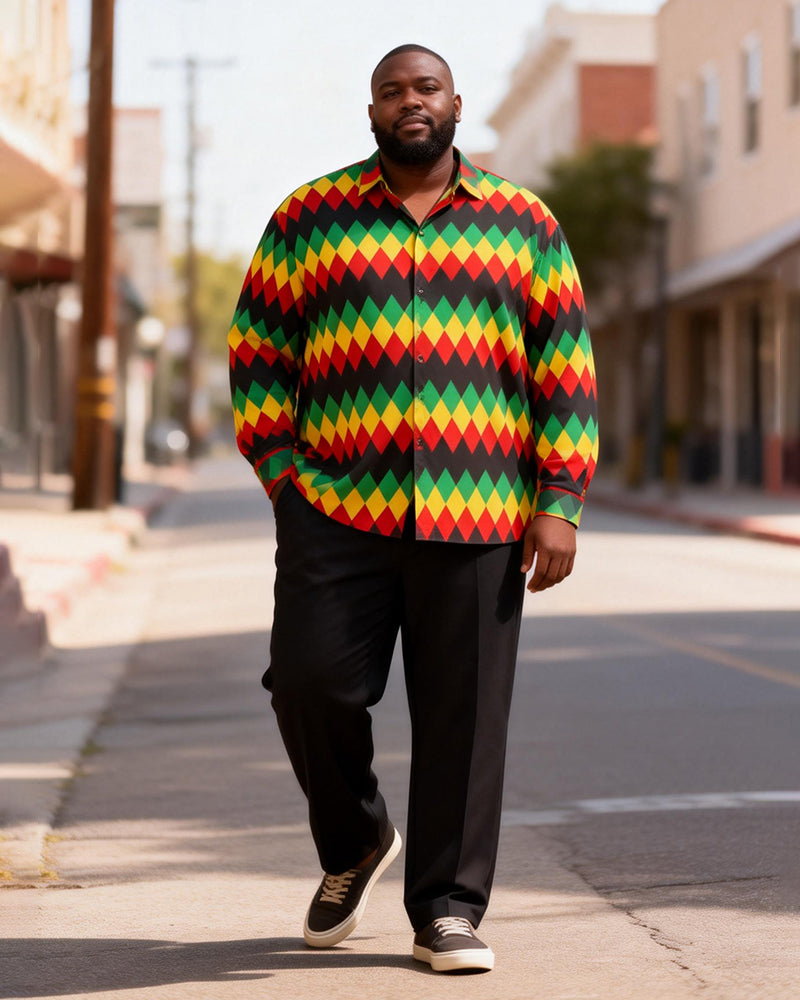 Big & Tall Men's African Diamond Print Long Sleeve Shirt Pants Set