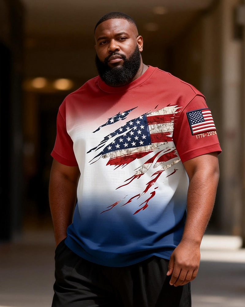 Big & Tall Men's Red, White And Blue Gradual Tear American Flag Printed Round Neck Short Sleeve T-Shirt