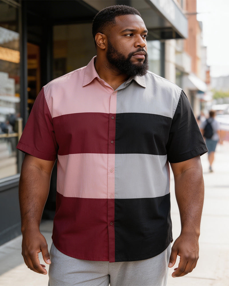 Big & Tall Men's Wine Red Gray Black Striped Printed Short Sleeve Shirt