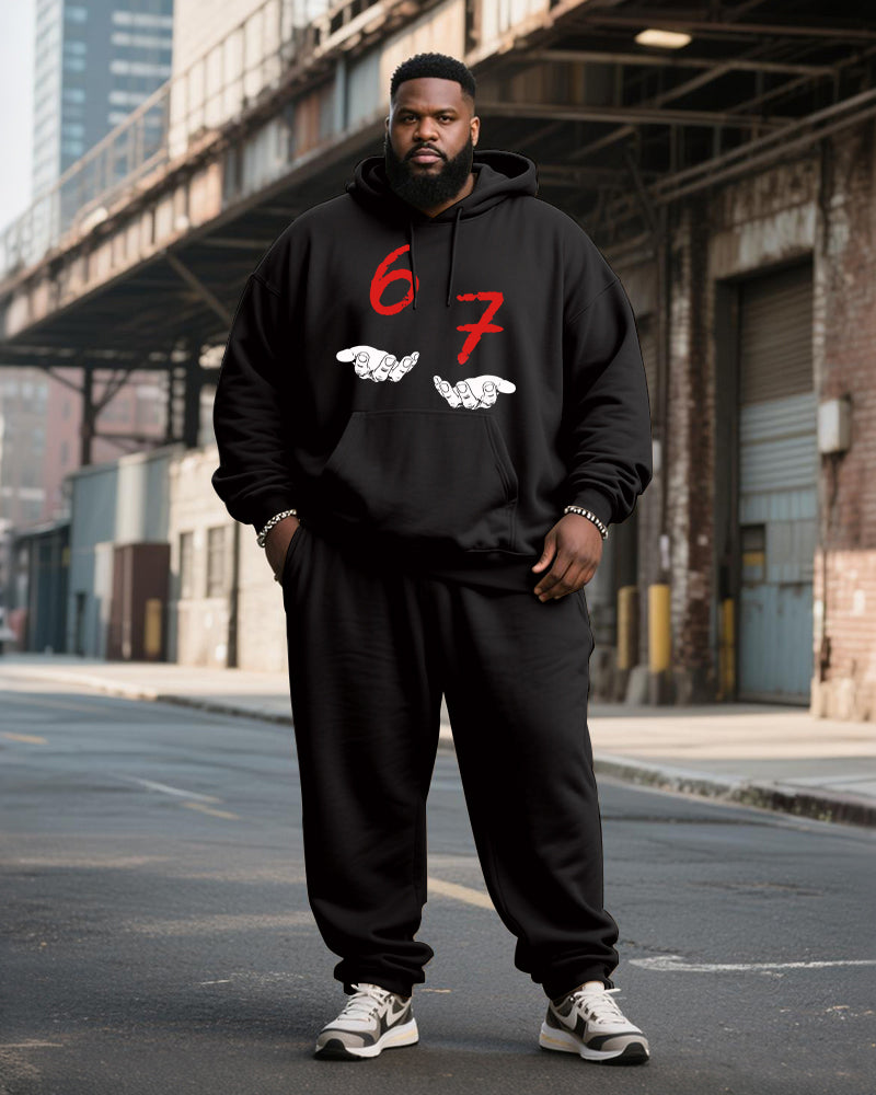 Big & Tall Men's Black And Red Digital "67" Gesture Printed Hoodie Set