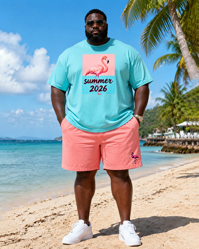 Big & Tall Men's Summer2026 Flamingo Print Round Neck Short Sleeve T-Shirt Shorts Set