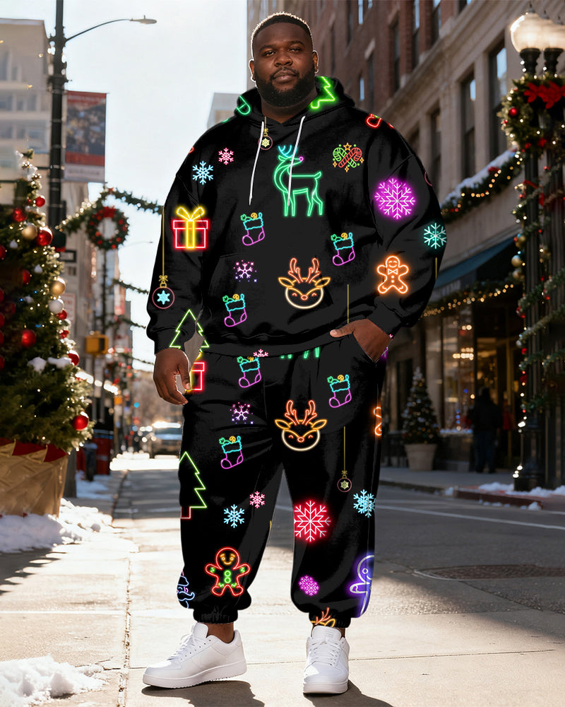 Big & Tall Men's Black Neon Christmas Print Hoodie Set