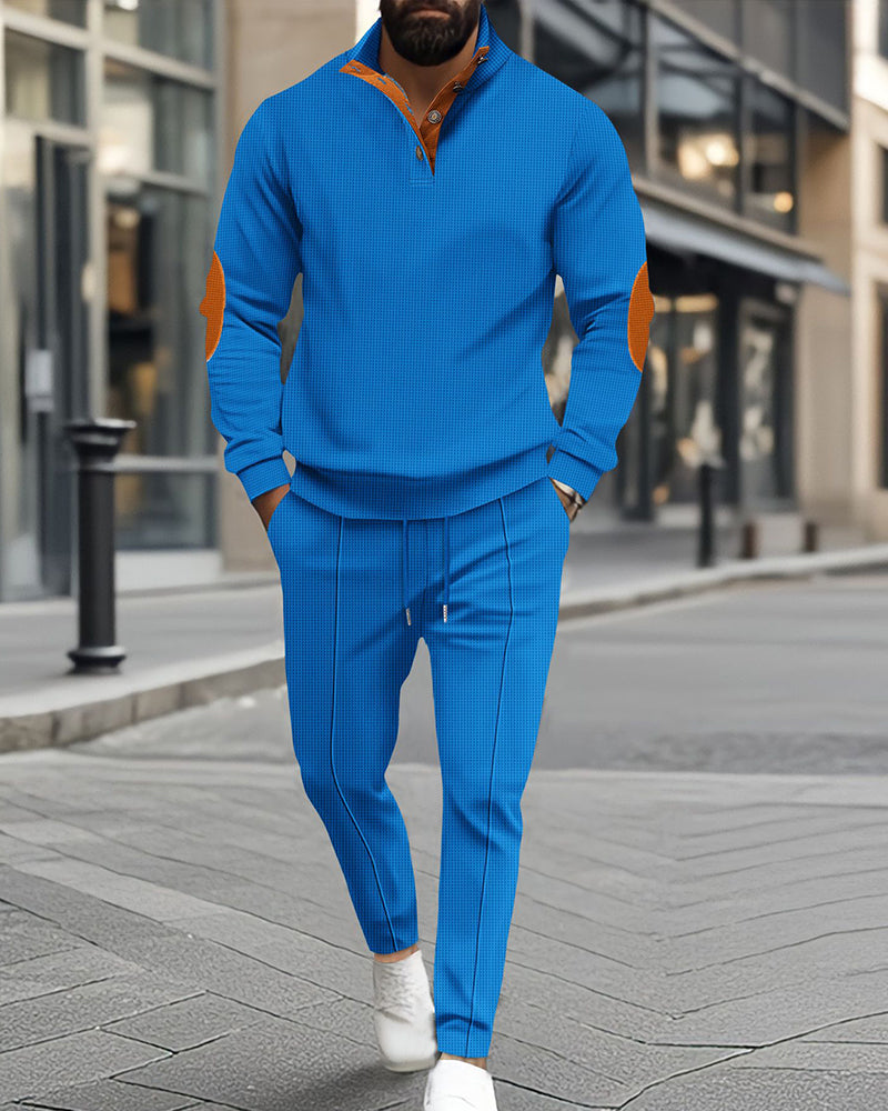 Big & Tall Men's Waffle Half Zipper Stand Collar Long Sleeve Trousers Set S-3XL