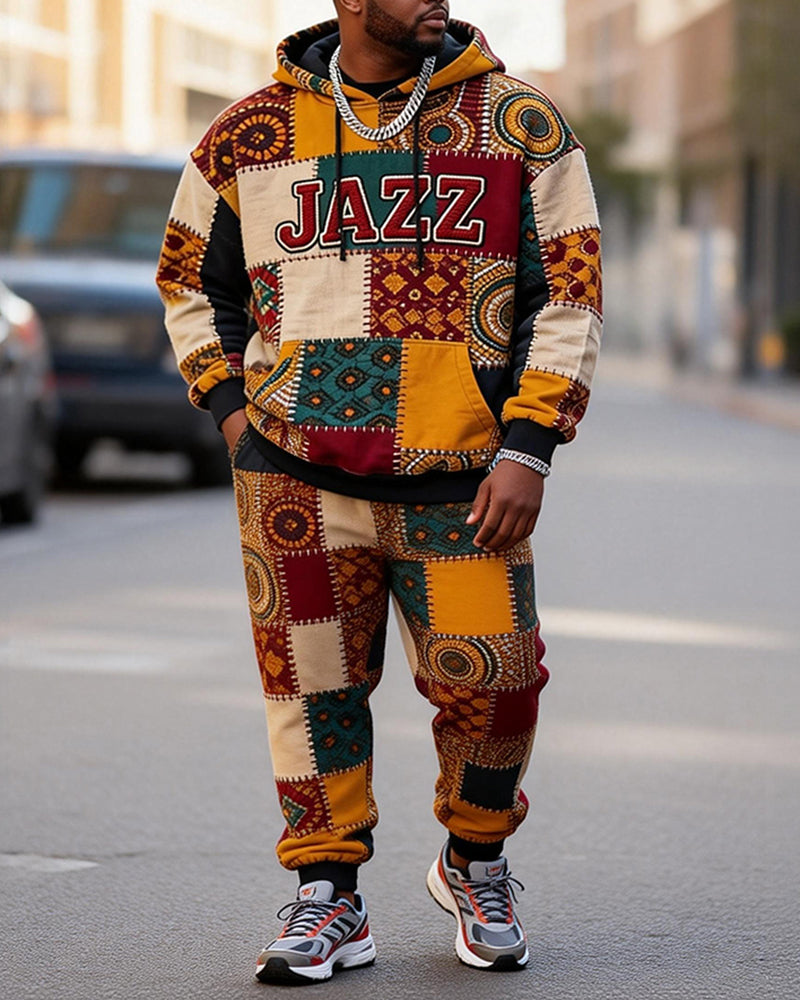 Big & Tall Men's JAZZ African Patchwork Print Hoodie Set