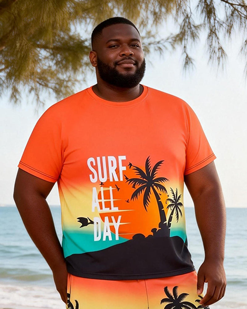 Big & Tall Men's Rainbow Coconut Tree Dinosaur Fun Printed Round Neck Short Sleeve T-Shirt Shorts Set