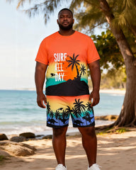 Big & Tall Men's Rainbow Coconut Tree Dinosaur Fun Printed Round Neck Short Sleeve T-Shirt Shorts Set
