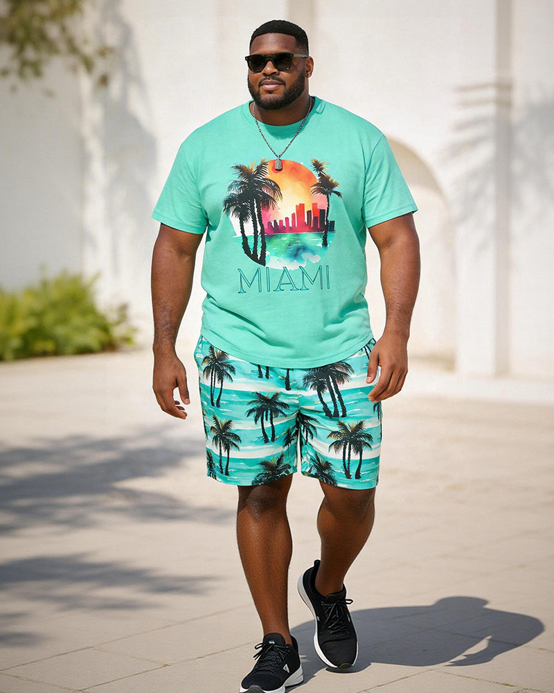 Big & Tall Men's MIAMI City Coconut Print Round Neck Short Sleeve T-Shirt Shorts Set