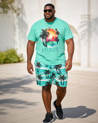 Big & Tall Men's MIAMI City Coconut Print Round Neck Short Sleeve T-Shirt Shorts Set