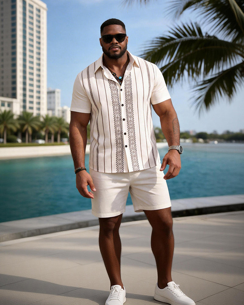 Big & Tall Men's Brown Geometric Stripe Print Short Sleeve Shirt Shorts Set