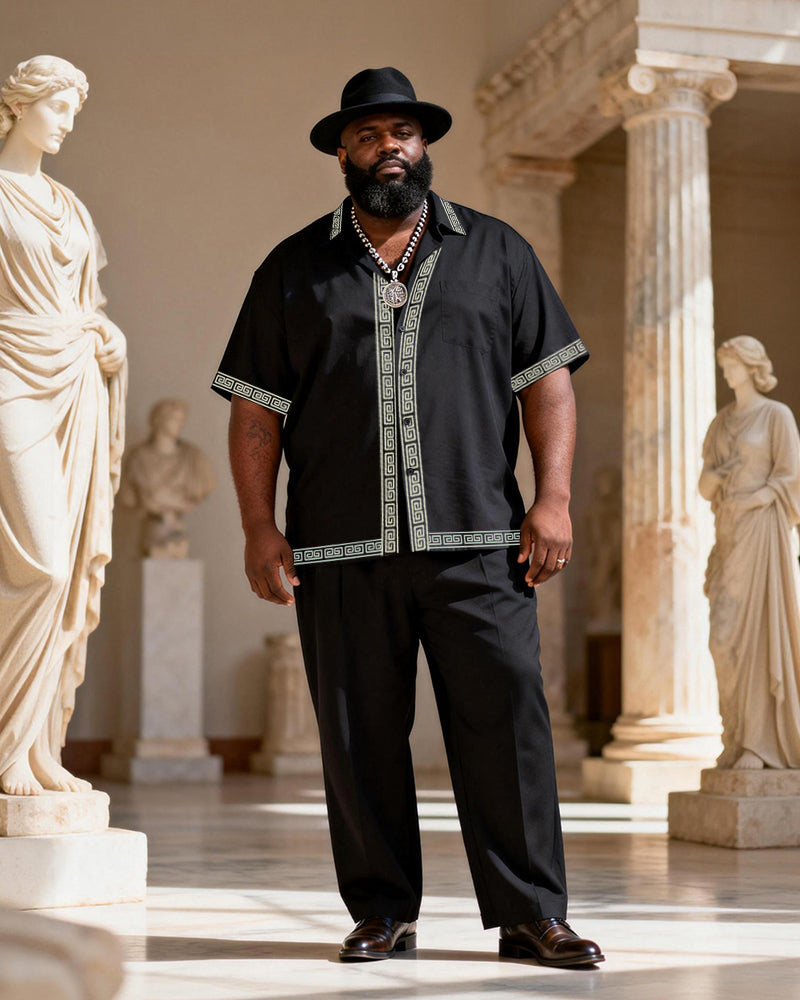 Big & Tall Men's Black And Gold Rim Printed Short Sleeve Shirt Pants Set