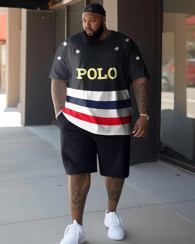 Big & Tall Men's Letter Black Gold Star Embellished Striped Printed Round Neck Short Sleeve T-Shirt Shorts Set