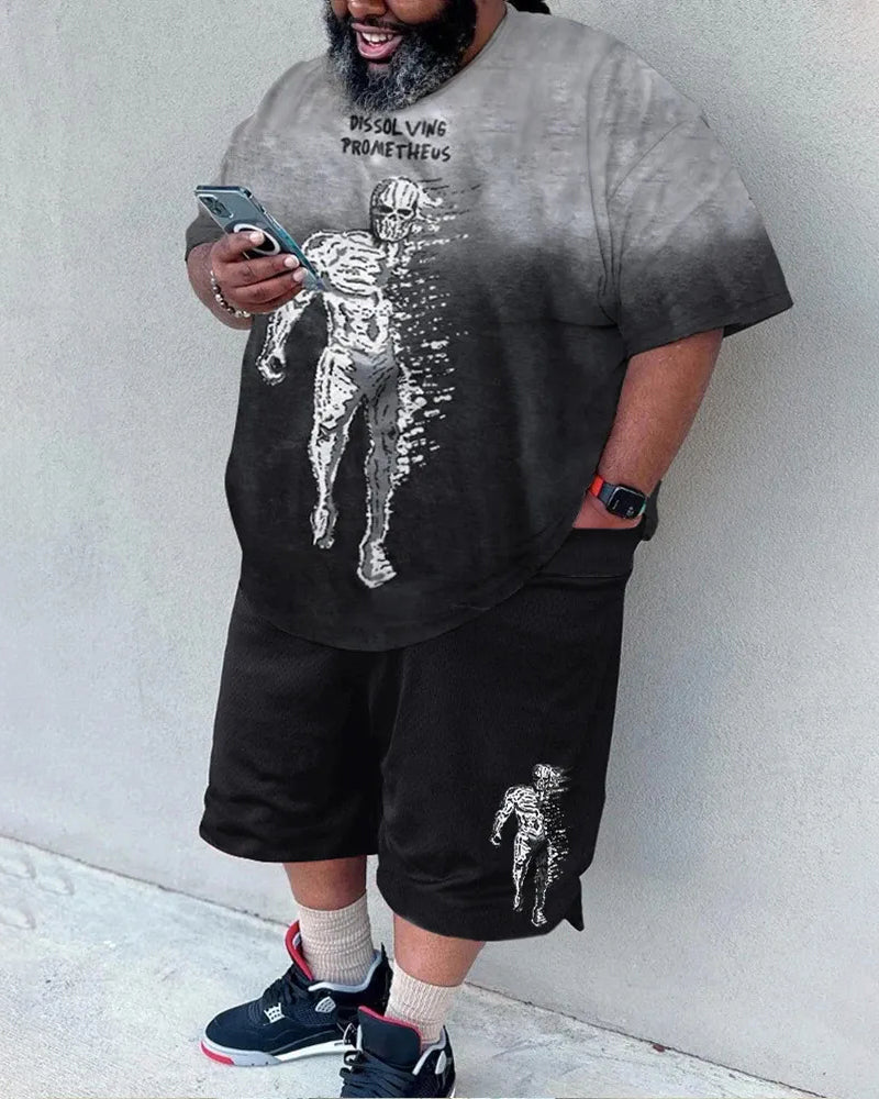 Big & Tall Men's Gray-black Gradient Skull Print Round Neck Short Sleeve T-shirt Shorts Set