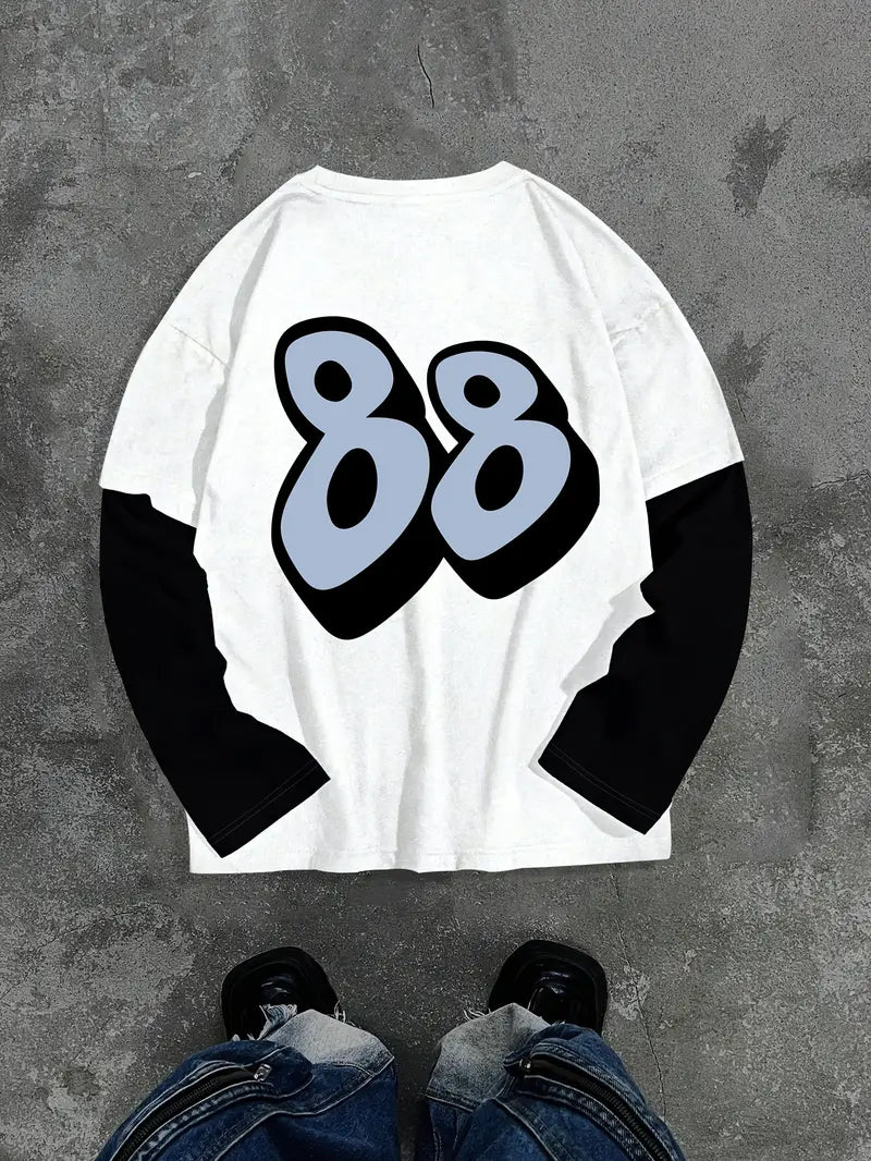 Big & Tall Men's Cartoon Character Printed Fake Two-piece Long Sleeve T-shirt