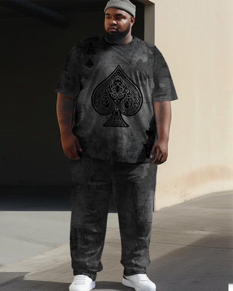 Big & Tall Men's Distressed Grey Spades A Printed T-shirt Trousers Set