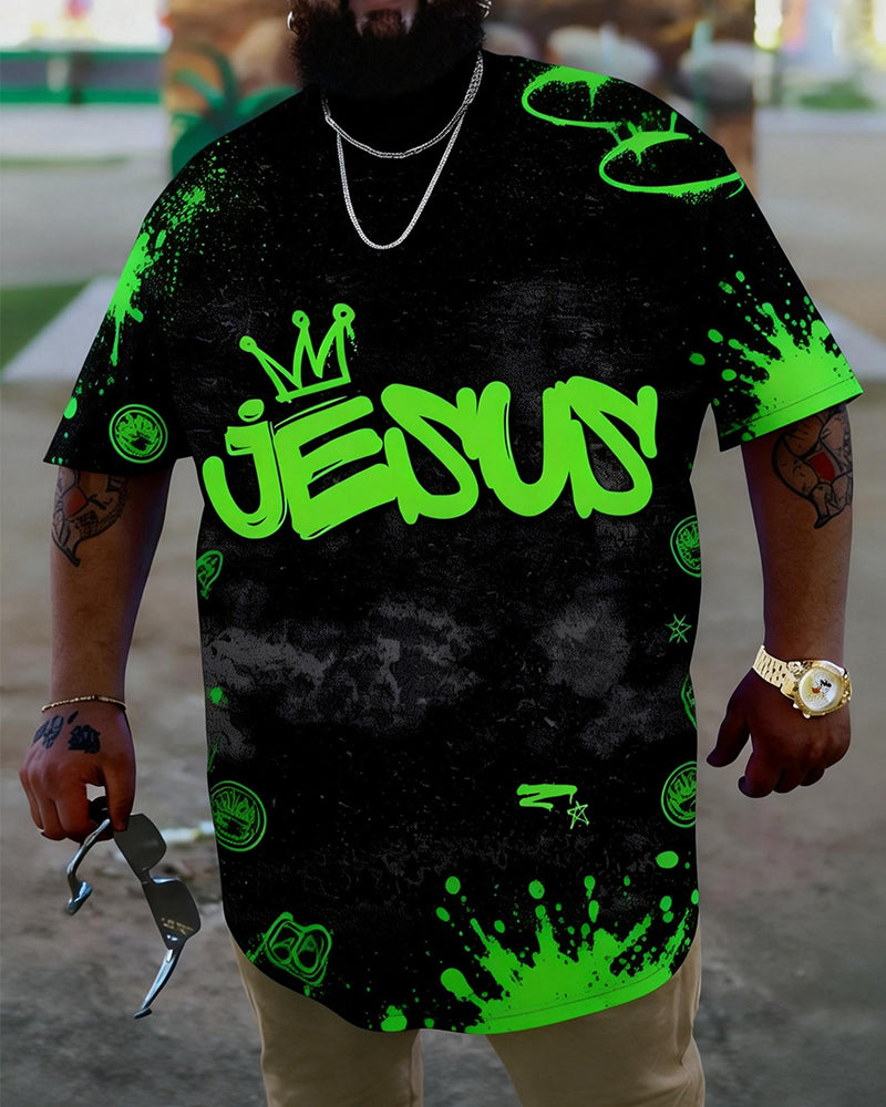 Big & Tall Men's Black Bottom Fluorescent Green JESUS Letter Printed Round Neck Short Sleeve T-Shirt