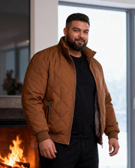 Big & Tall Men's Solid Color Vertical Neck Thickened Diamond Plaid Cotton Jacket M-5XL