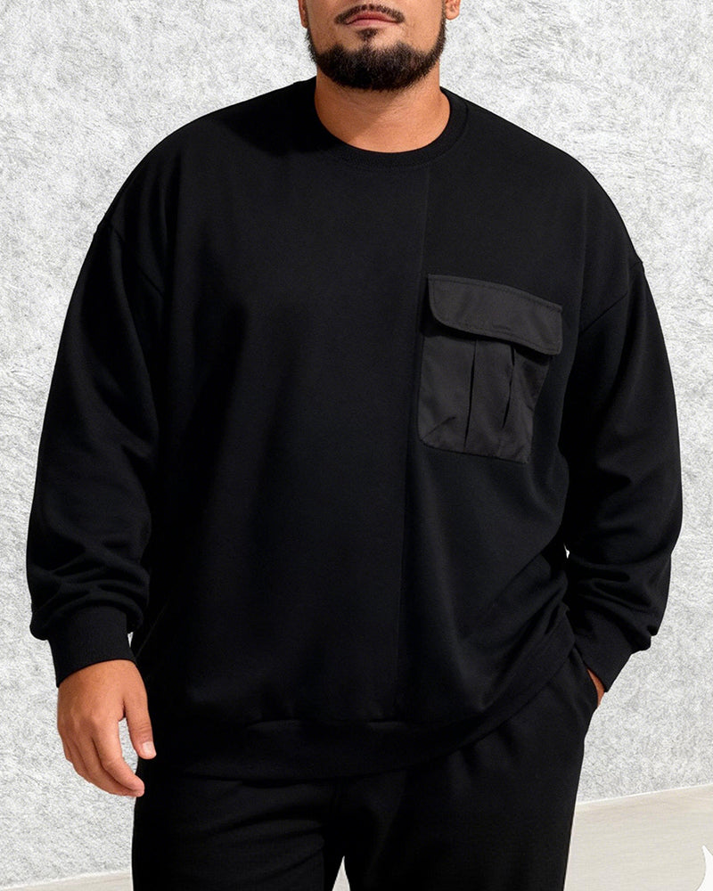 Big & Tall Men's Splicing Pocket Crewneck Plus Velvet Crewneck Sweatshirt 2XL-8XL