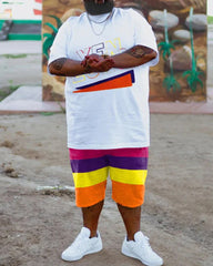Big & Tall Men's White Bottom Fine Color Geometric Graffiti Print Crewneck Short Sleeve T-Shirt Shorts Set
