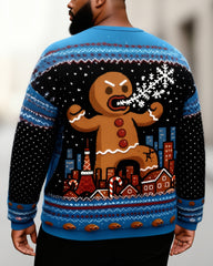 Big & Tall Men's Christmas Blue Gingerbread Man Print Crewneck Ugly Sweater