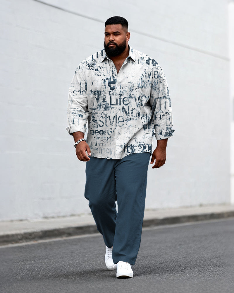 Big & Tall Men's Business Graffiti Letter Print Long Sleeve Shirt Pants Set