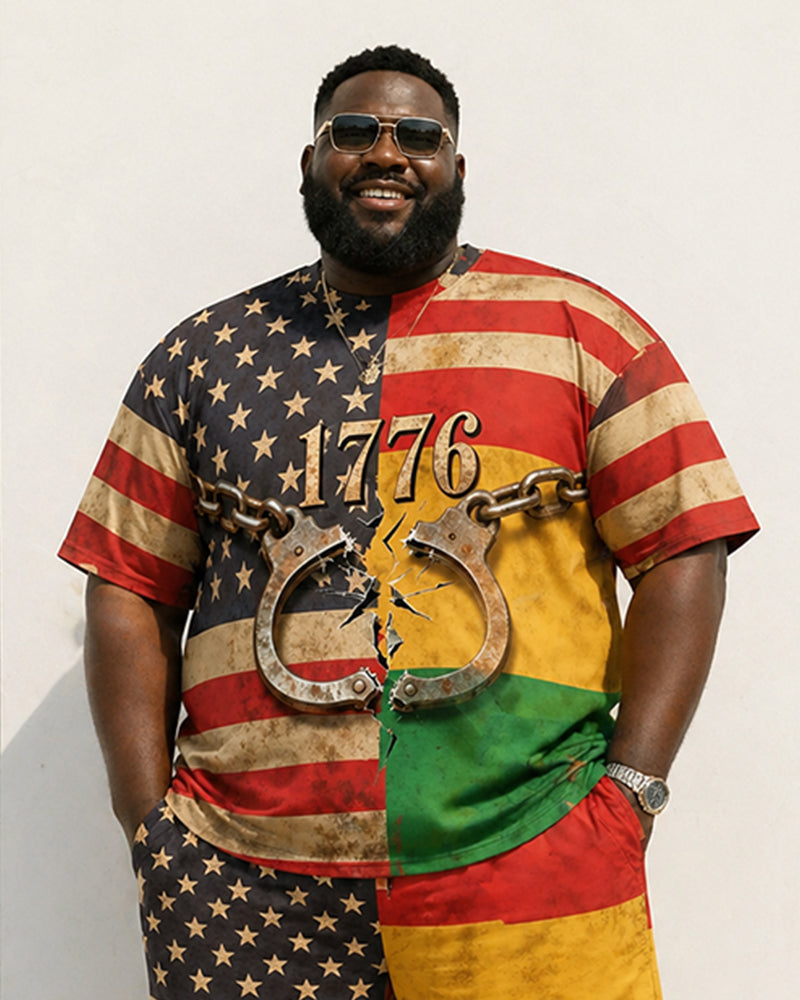 Big & Tall Men's 1776 Broken Handcuffs Reggae Color Matching US Flag Printed Crewneck Short Sleeve T-Shirt Shorts Set