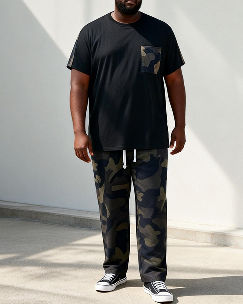 Big & Tall Men's Simple Black T Camouflage Print T-Shirt Pants Set