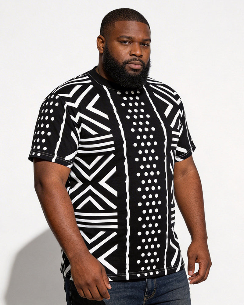 Big & Tall Men's Black And White Geometric Polka Dot African Print Round Neck Short Sleeve T-Shirt