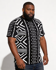 Big & Tall Men's Black And White Geometric Polka Dot African Print Round Neck Short Sleeve T-Shirt