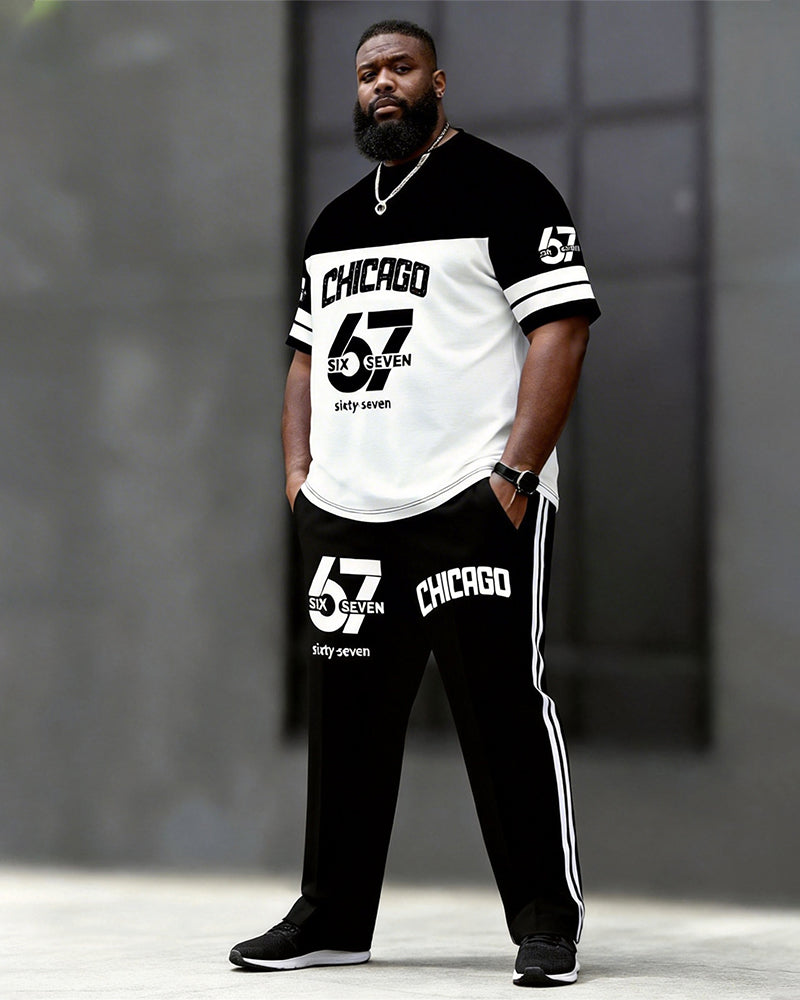 Big & Tall Men's Black And White Colorblock CHICAGO 67 Printed T-Shirt Pants Set