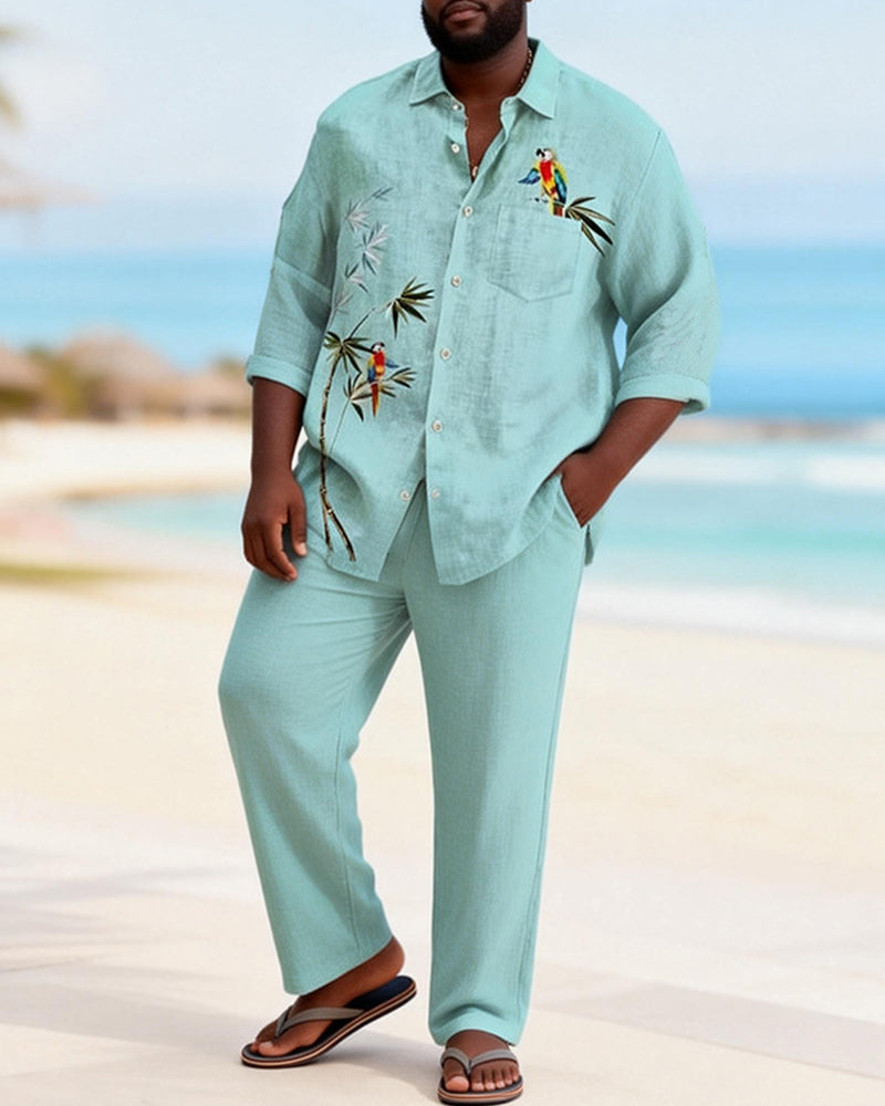 Big & Tall Men's Light Green Bamboo Parrot Printed Long Sleeve Shirt Pants Set