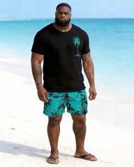 Big & Tall Men's Palm Leaf Coconut Print Round Neck Short Sleeve T-Shirt Shorts Set