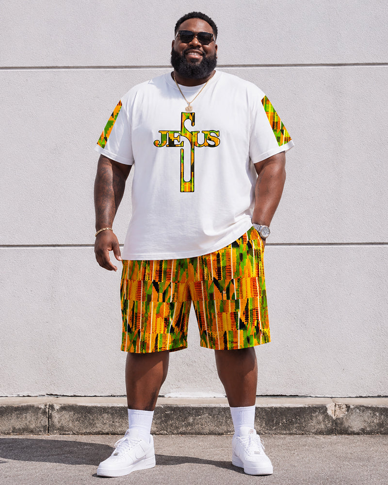 Big & Tall Men's Ethnic Pattern Stitching JESUS Cross Letter Printed Round Neck Short Sleeve T-Shirt Shorts Set