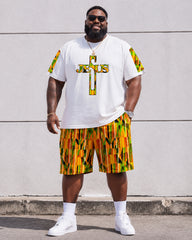 Big & Tall Men's Ethnic Pattern Stitching JESUS Cross Letter Printed Round Neck Short Sleeve T-Shirt Shorts Set