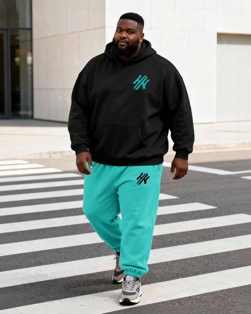 Big & Tall Men's Black And Green Contrast Letter Print Hoodie Set