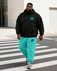 Big & Tall Men's Black And Green Contrast Letter Print Hoodie Set
