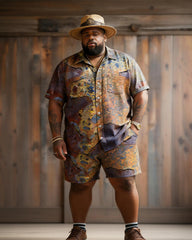 Big & Tall Men's Retro Distressed Tie-dye Color Block Printed Short Sleeve Shirt Shorts Set