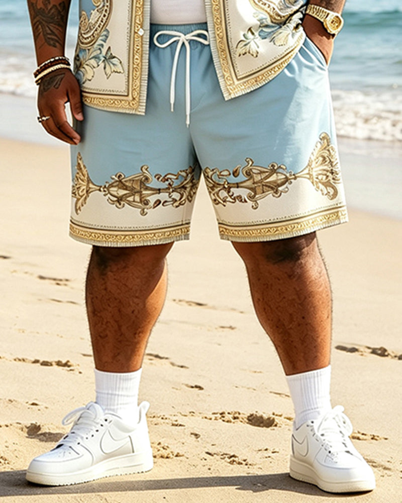 Big & Tall Men's Light Blue Vintage Baroque Print Short Sleeve Shirt Shorts Set
