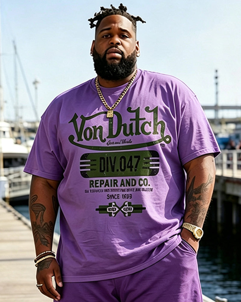 Big & Tall Men's American Vintage Von Dutch Printed Round Neck Short Sleeve T-Shirt and Shorts Set
