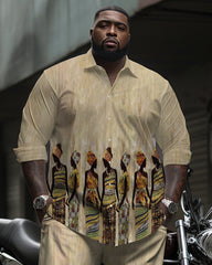 Big & Tall Men's Khakis African Figure Print Long Sleeve Shirt Pants Set