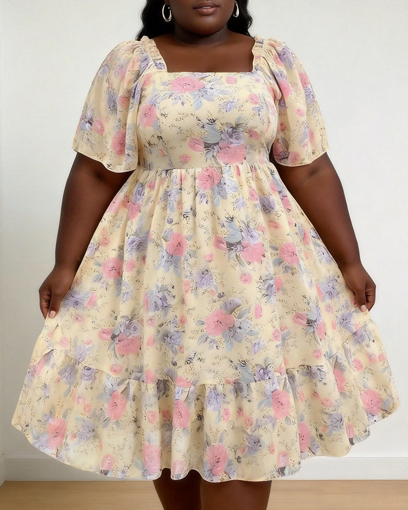 Women's XL-5XL Plus Size Puff Sleeve Square Neck Large Swing Dress