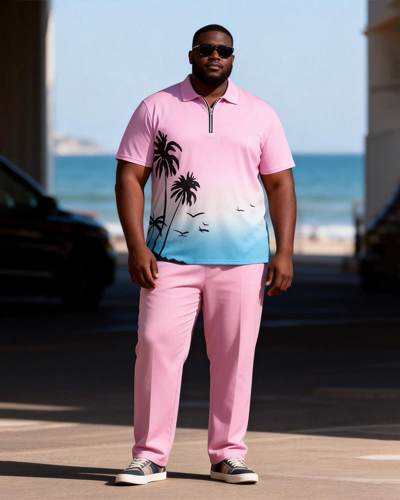 Big & Tall Men's Pink Blue Gradient Coconut Print Zipper Polo Short Sleeve Pants Set