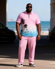 Big & Tall Men's Pink Blue Gradient Coconut Print Zipper Polo Short Sleeve Pants Set