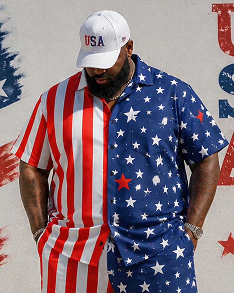 Big & Tall Men's Striped Five-pointed Star Contrast Printed Short Sleeve Shirt Shorts Set
