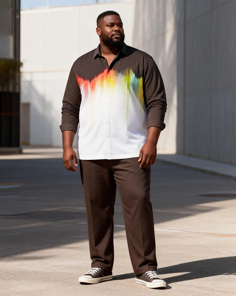 Big & Tall Men's Brown Rainbow Seen Print Long Sleeve Shirt Trouser Set