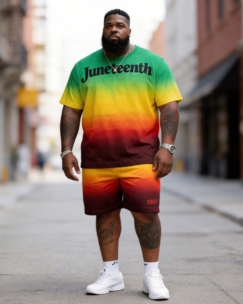 Big & Tall Men'sJuneteenth Alphabet Gradient Print Round Neck Short Sleeve T-Shirt Shorts Set