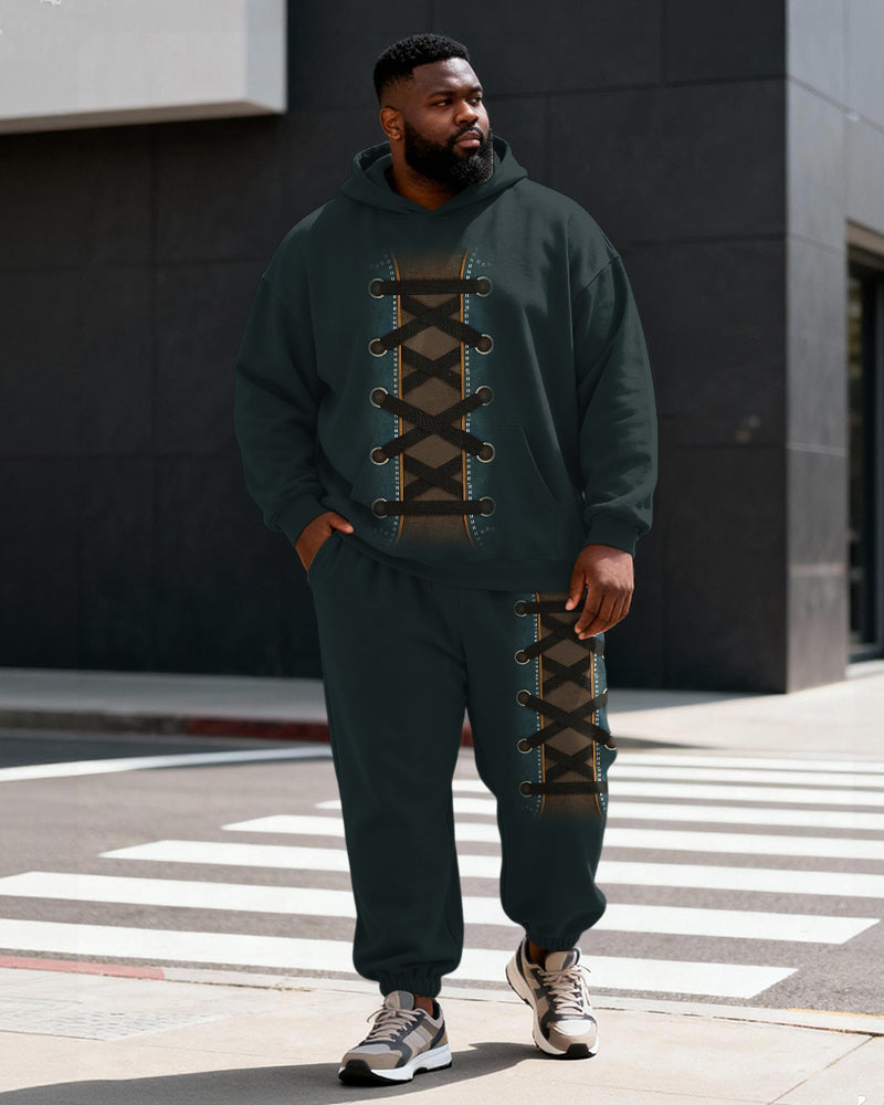Big & Tall Men's Dark Green Contrast Strap Decorative Printed Hoodie Set